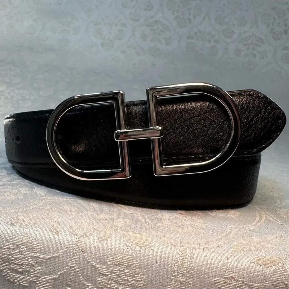 Black Leather Belt with Silver Buckle 37.5 inch
